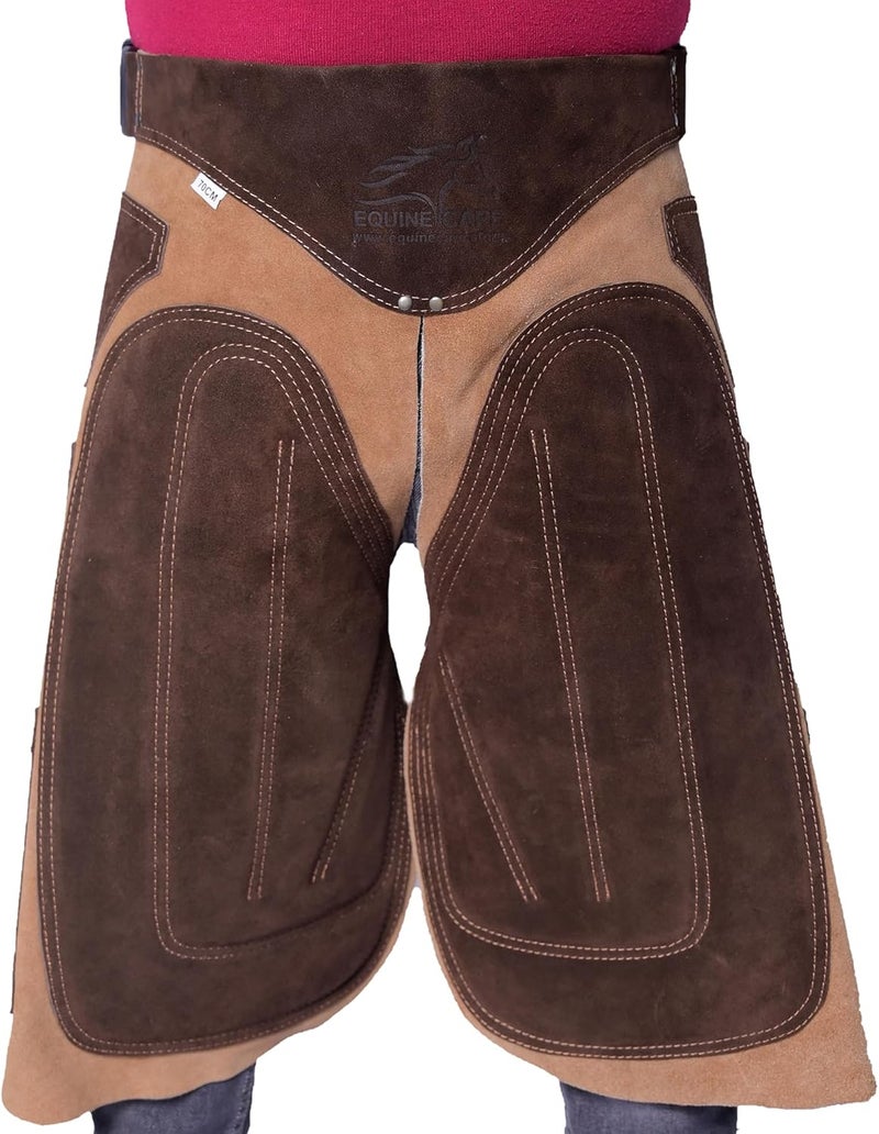 Equine Care Farrier Apron Chaps – Cowhide Suede Leather, Foam Padded Thigh and Back Support, Adjustable Waist, Tool Pockets, Magnetic Nail Holders (23 inches (59 cm)) - Image 1